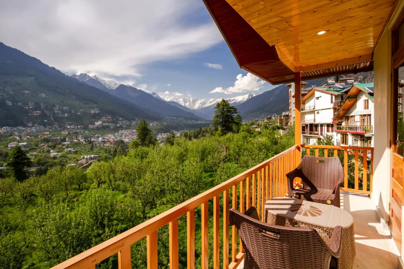 Balcony panorama with snow-capped peaks at Aera Hotel & Resorts, Manali